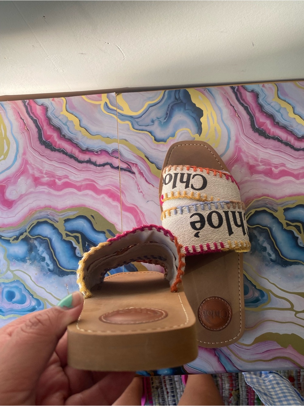Chloe Woody Embroidered Canvas Logo Flat Slide Sandal Size 38 US 8 Boho - Picture 12 of 12